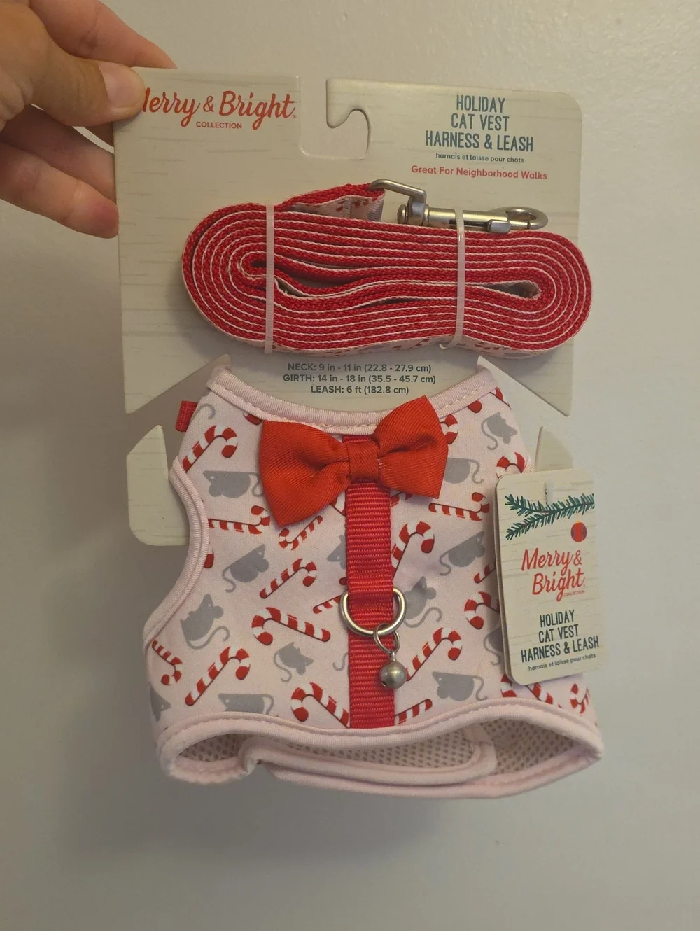 Merry & Bright Holiday Cat Vest Harness & Leash - Red Bow Candy Cane